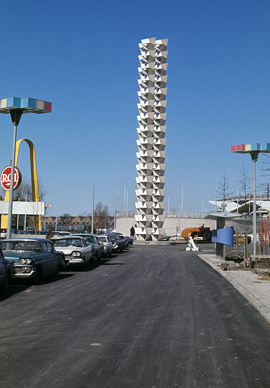 Gotham Plaza entrance pylon Building the 196465 New York World's
